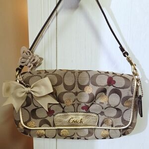 Coach Tan and Gold Shoulder Bag with Bow Accent